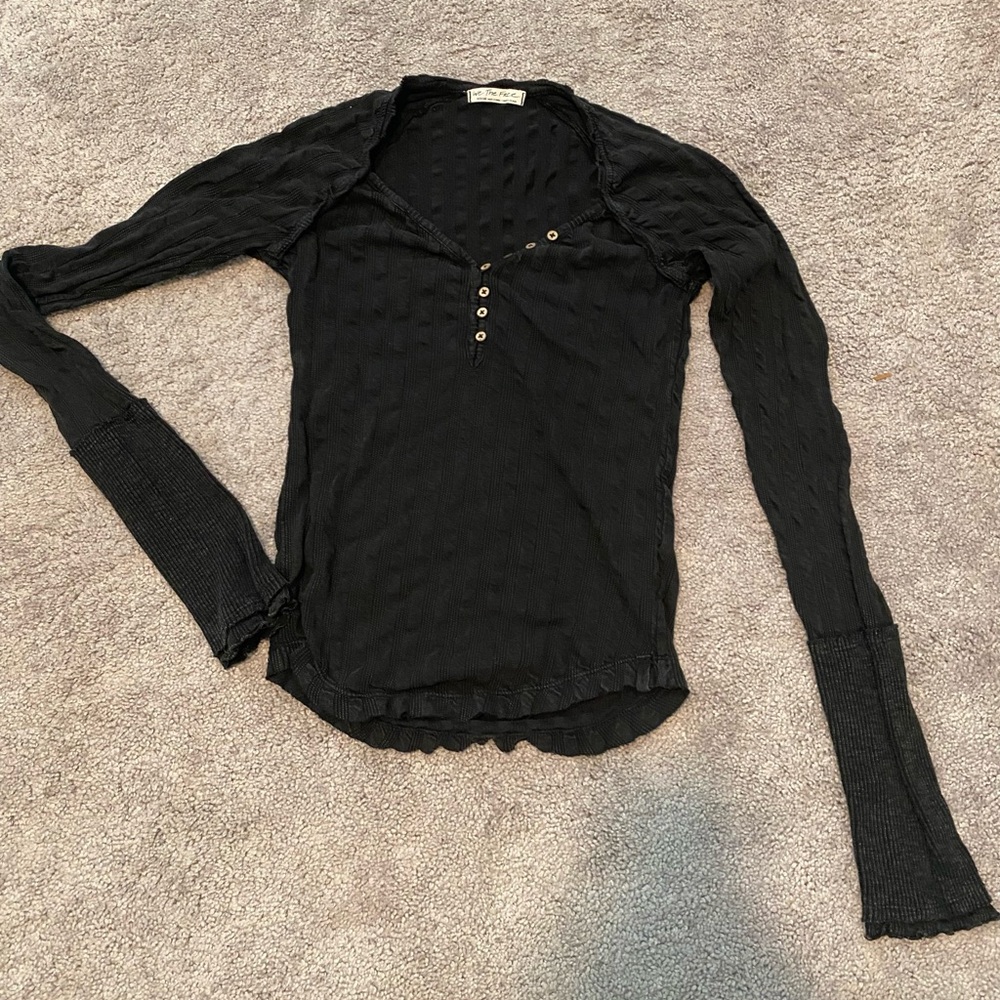 Free People Black Textured Long Sleeve Top